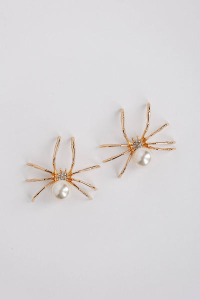 Gold Spooky Spider and Pearl Earrings