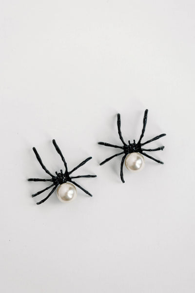 Black Spooky Spider and Pearl Earrings