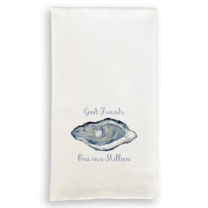 100% Cotton Hand Towels. Saying on the towel is "Good Friends - One in a Million" with a picture of an oyster with a pearl in the center of it. 