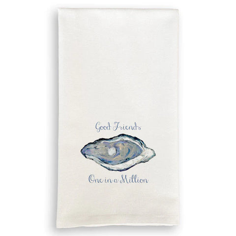 100% Cotton Hand Towels. Saying on the towel is "Good Friends - One in a Million" with a picture of an oyster with a pearl in the center of it. 