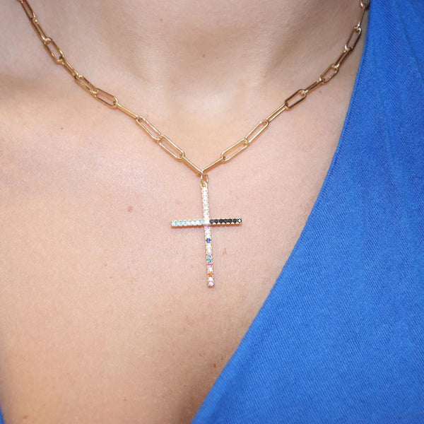 Multi-color Pave Cross Necklace