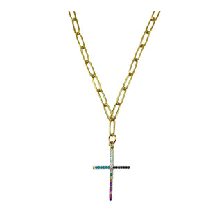 Multi-color Pave Cross Necklace