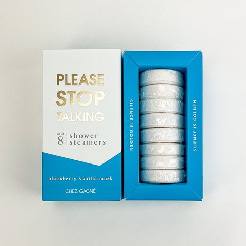 Front cover and inside the box of the "please stop talking" shower steamer set