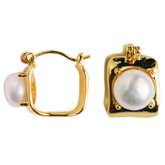Vintage Mini Square Gold Pearl Huggie Hoop