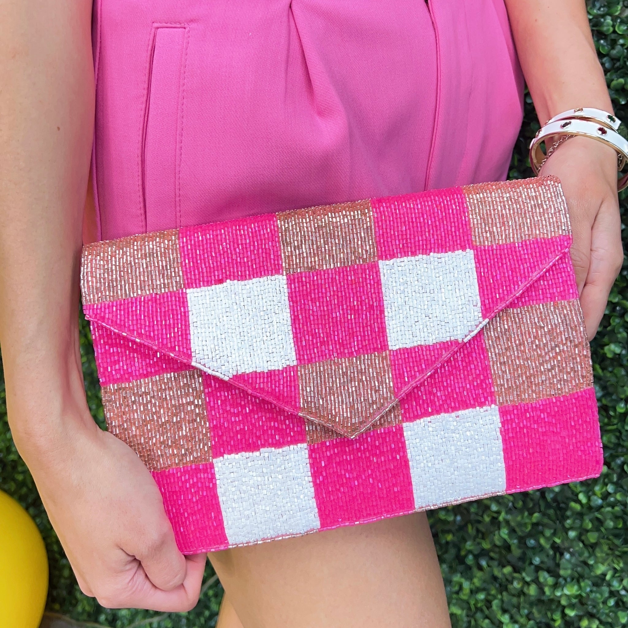 Pink Check Beaded Clutch