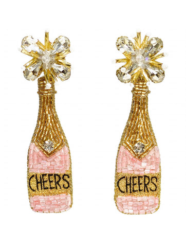 champagne beaded earrings. colors: gold, peach and pink. bejeweled diamond topper. 
