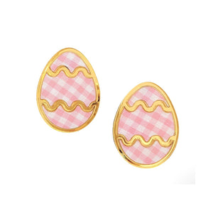 mirrored gold acrylic easter egg with gingham pink fabric. stud style earring