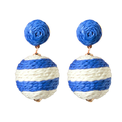 blue and white stripe raffia wrapped ball earring with a solid blue raffia topper. 
