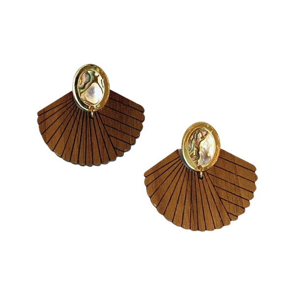 Walnut colored wood fan style earrings with faux abalone topper. Oversized stud earring.
