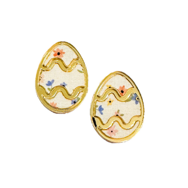Mirrored gold acrylic easter egg shape earring with beige floral fabric 