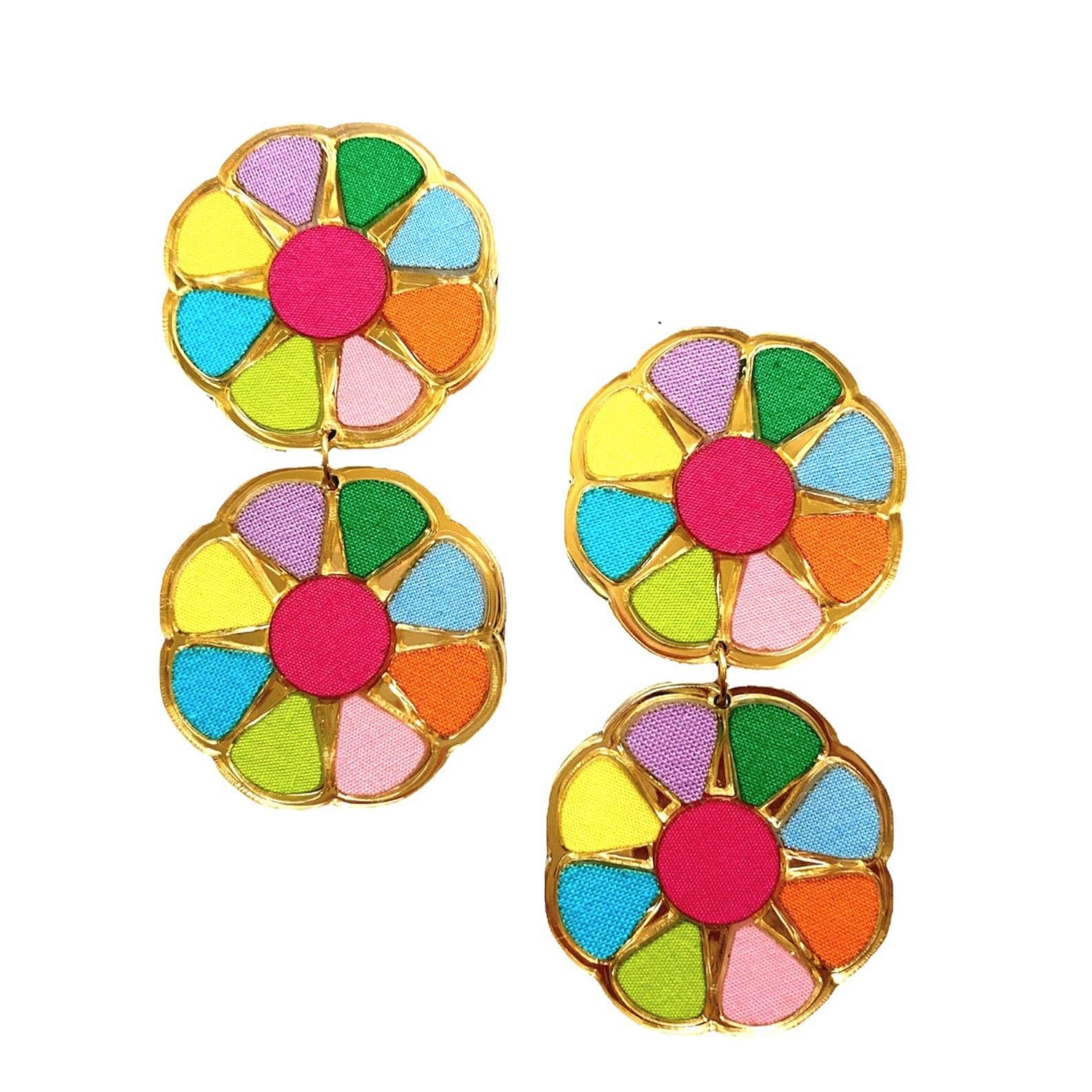 bright rainbow color blocked earrings. 2 pieces attached with a drop ring. small petals of fabric color include purple, green, turquoise, orange, light pink, and yellow. Bright pink center. 