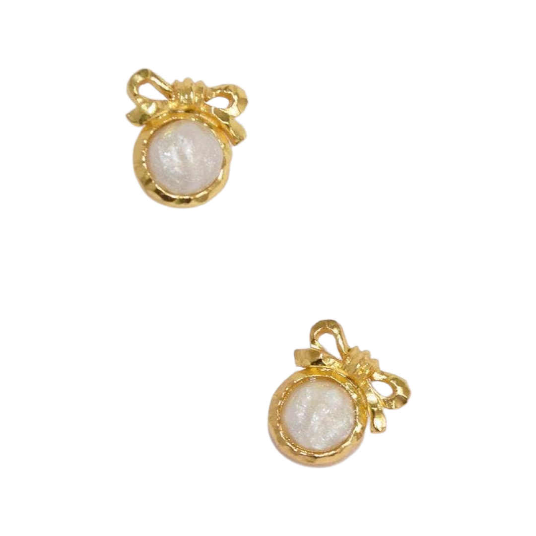 elegant bow design stud earring paired with a round ivory faux pearl center