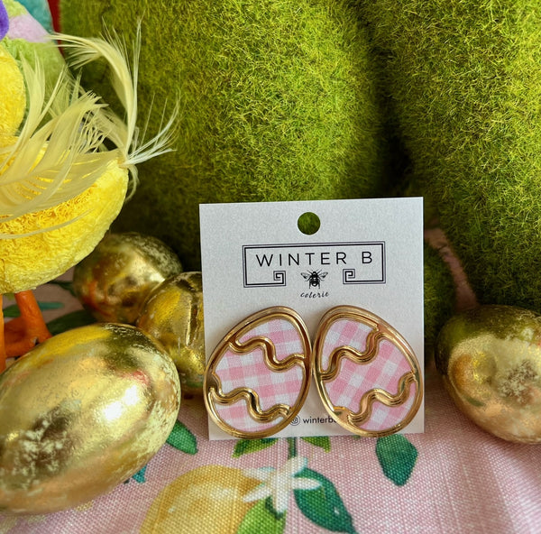 mirrored gold acrylic easter egg with gingham pink fabric. stud style earring