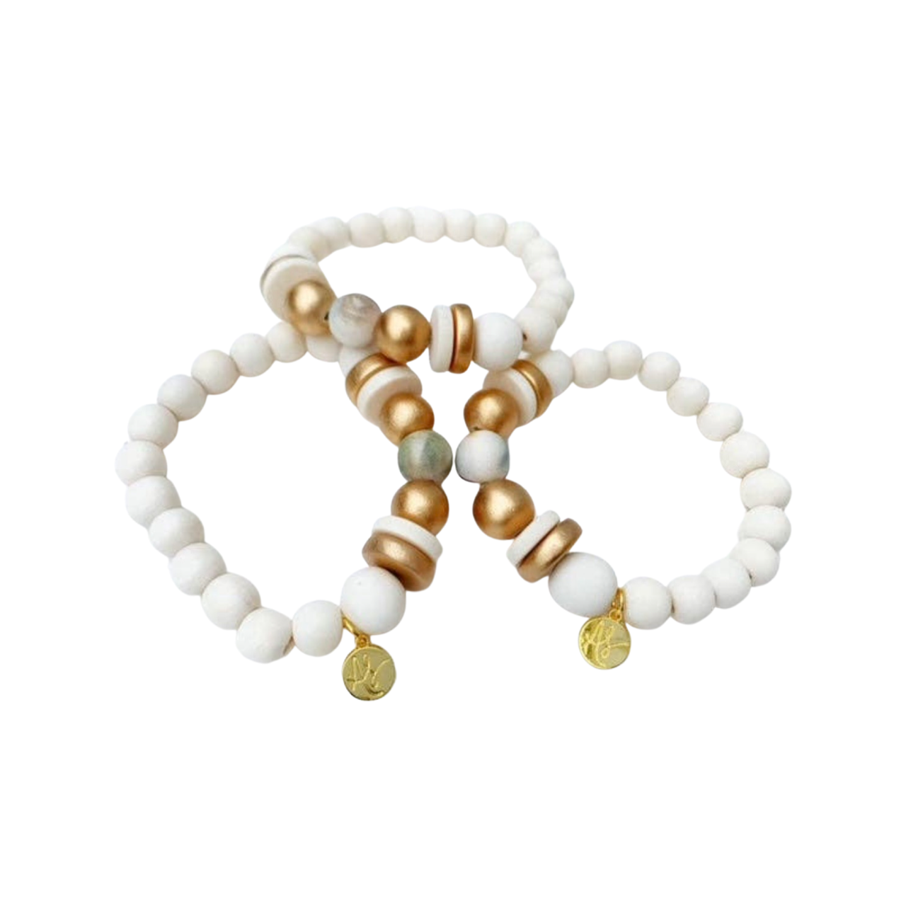 Gold & Neutral Abstract White Wood Beaded Bracelet